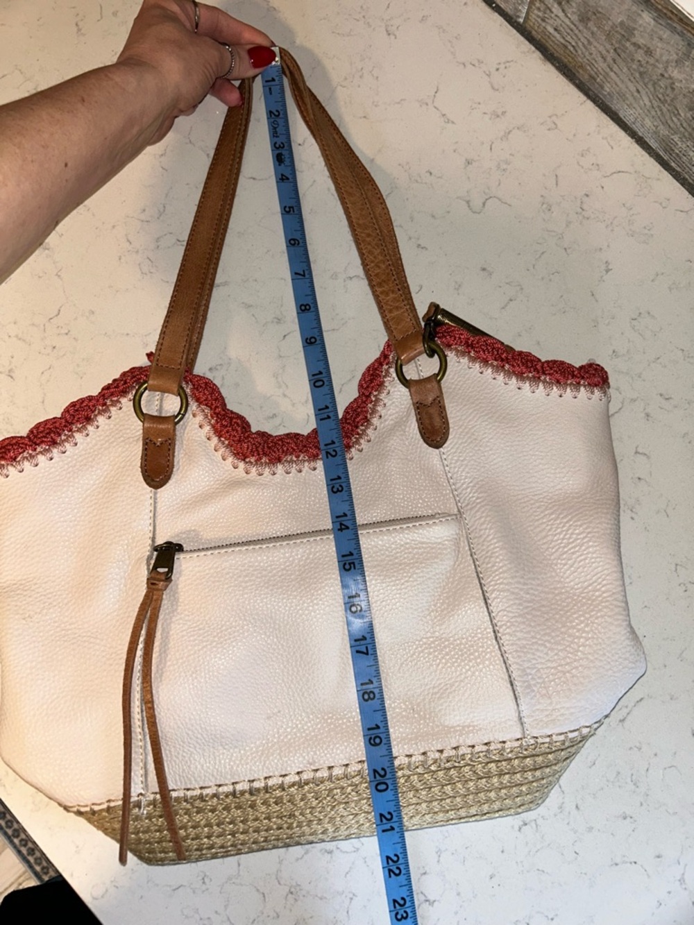 The Sak White Leather Shoulder Bag with Pink Embroidered Trim and Tan Braiding - Picture 6 of 16